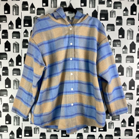 Wild Fable | Blue Cream Button Up Hooded Shacket